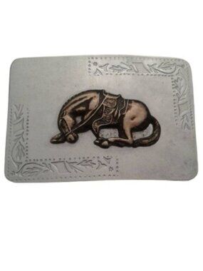 Vintage Rectangular Belt Buckle With Horse Design Inlaid On Metal Western Rustic